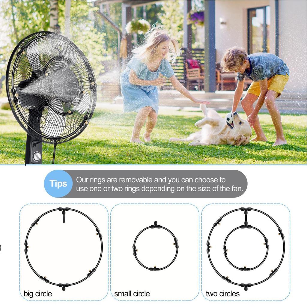 Sistema di raffreddamento a nebulizzazione per ventilatori da esterno Kit ugelli per ventilatore a nebbia Spruzzatore d'acqua Nebulizzatore per ventilatore con 6 ugelli rimovibili Acqua