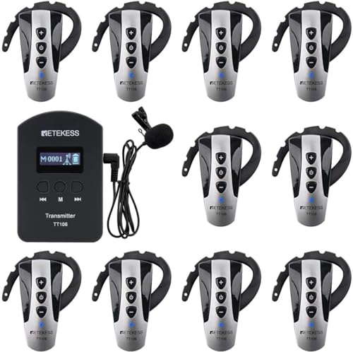 

Retekess TT106 Wireless Guide System with 1 Transmitter and 10 Receivers, Ear-Hook Mini Receiver, and Automatic Pairing for Factory Tours, Company Inf