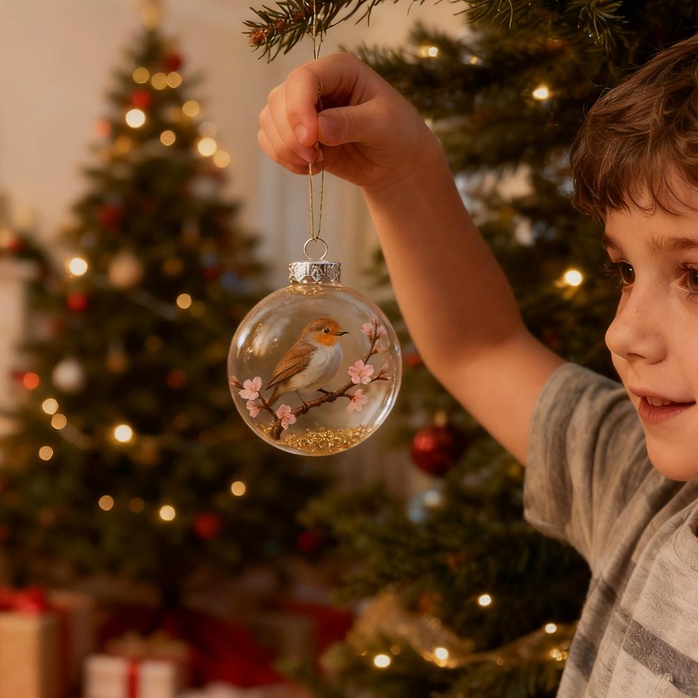 8CM Christmas Transparent Acrylic Ball Cardinal/Hummingbird Pattern Creative Christmas Tree Decoration Hanging Pendant For Home