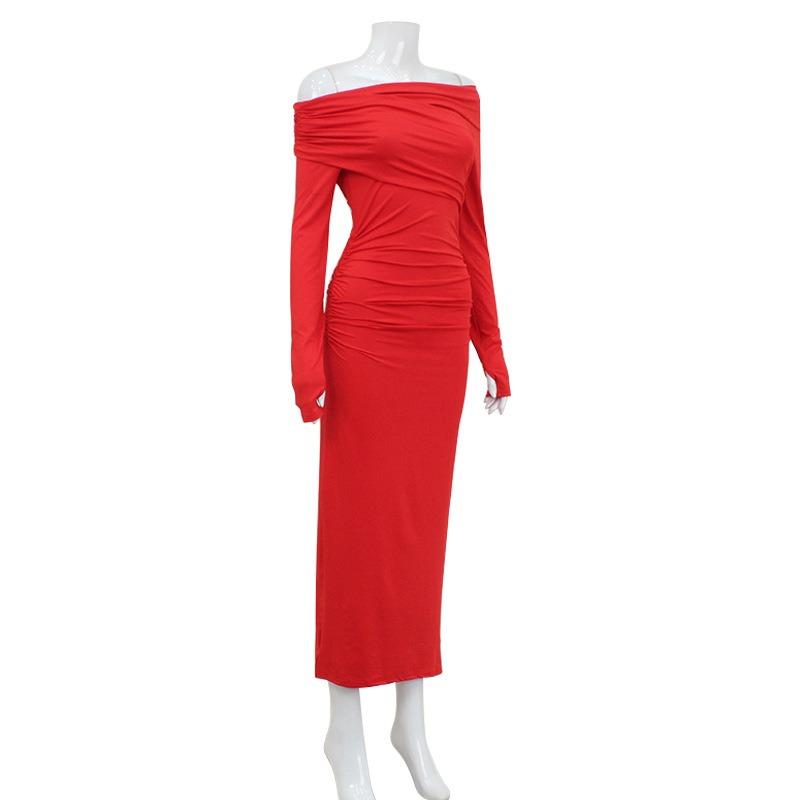 Herbst/Winter Modisches langes Kleid mit plissiertem, gekreuztem Ausschnitt und Hüftwickel