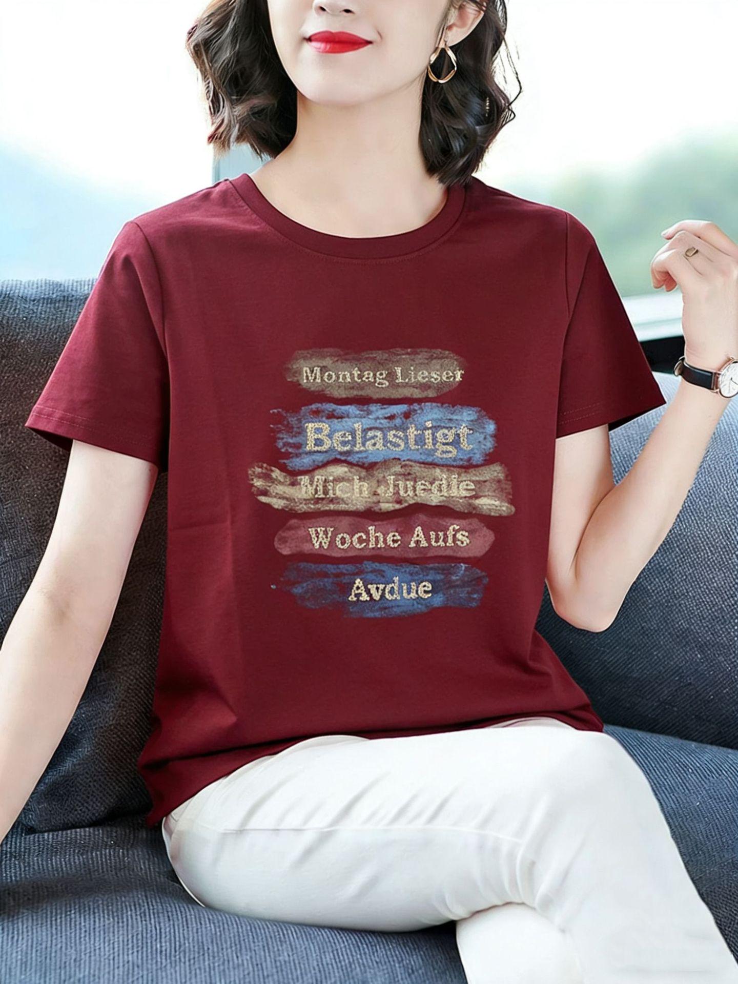 2026 Summer Stylish Loose-Fit Plus Size Short-Sleeve T-Shirt for Middle-Aged Moms 2XL красный