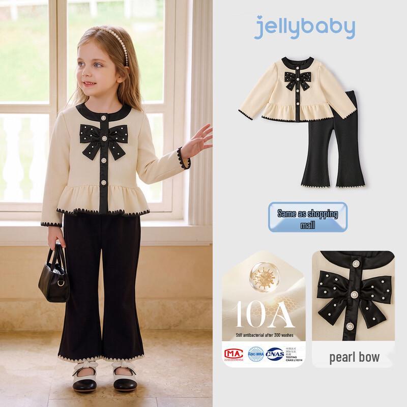 JELLYBABY Girls' Pearl Bow Lace Trim Camping Two-Piece Set