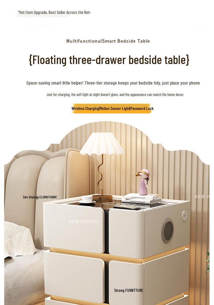 Solid Wood Smart Bedside Table with Wireless Charging, Modern Minimalist Design, Three-Layer Storage, Floor-Standing for Small Apartments.
