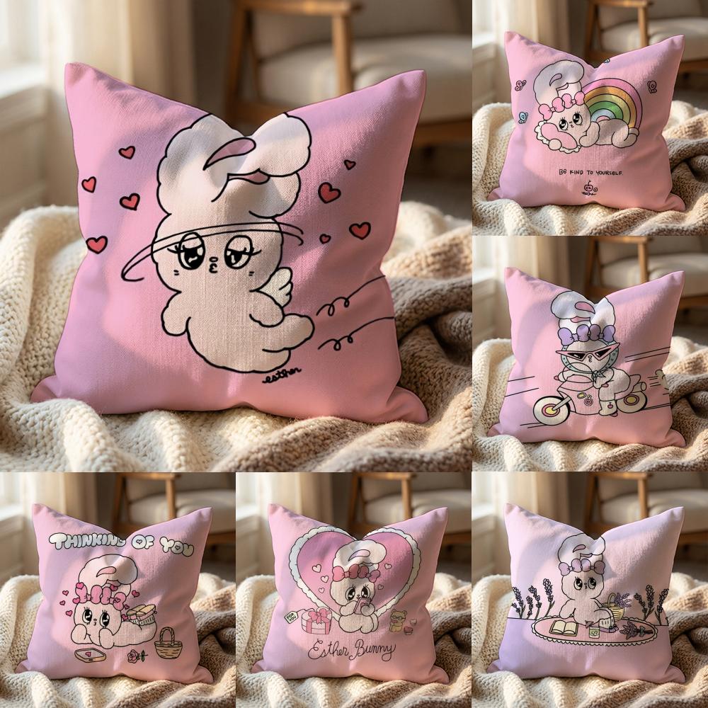Cute E-Esther Bunny Pink Cushion Cover Multi-Scene Pillow Cover for Home & Car - Reversible, Soft & Durable for Daily Use