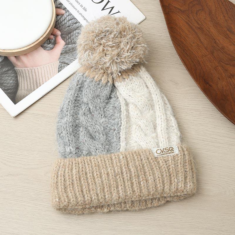Thickened Warm Ear Protection Windproof Wool Hat Autumn and Winter Color Splicing Plaid Knitted Hat Women