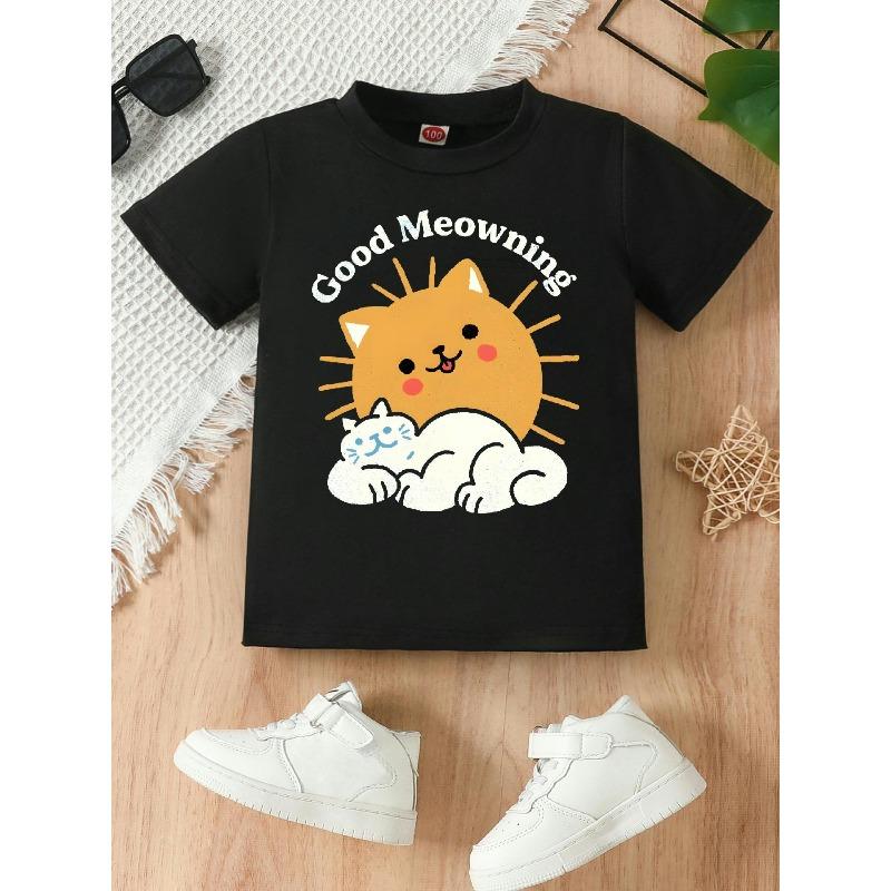 European sizes Girls' Summer Short-sleeved T-shirt, Cute Cartoon Cat-shaped Sun Print Round Neck Top, Short-sleeved Casual Top