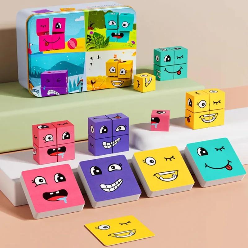 Cube Face Changing Building Blocks Board Game Wood Puzzle Montessori Expression Wooden Blocos for Children Battle Table Game