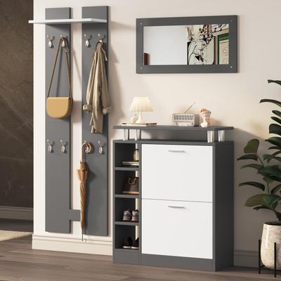 Flieks Wardrobe Set 3-piece, Hallway Wardrobe Complete Programs with 1 Shoe Cabinet, 1 Wall Mirror and 2 Wardrobe Panels Grey & White