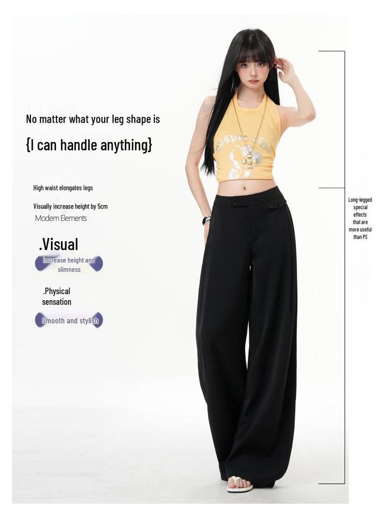 Minghai Spring Black High-Waist Wide-Leg Casual Women's Pants