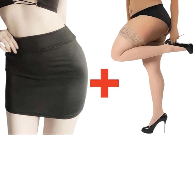 2PCS/SET Women High Waist Pencil Mini Skirts+Stockings Dress Set,Sexy Casual Wrap Hips Black Short Skirt and Pantyhose