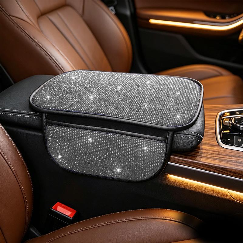 Bling Car Armrest Box Cushion With Side Phone Pocket Rhinestones Auto Center Console Protector Pad For Women Interior Accessorie