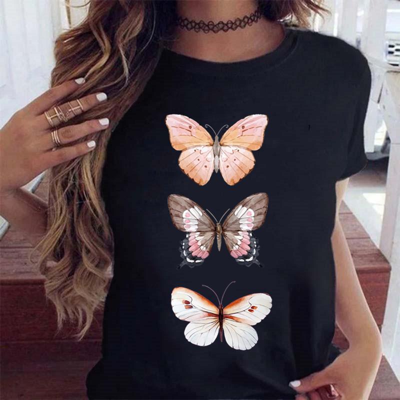 Women's Butterfly Tree Printed Harajuku Summer T-shirt Casual Round Neck Short Sleeve Top T-shirt Fashion Versatile Clothing