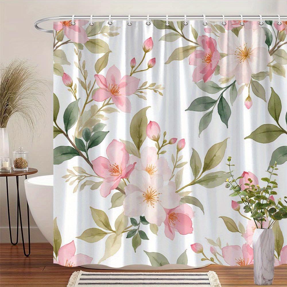 1pc Watercolor floral shower curtain, pink and white flowers, polyester fabric, machine washable, fashion theme, with hooks