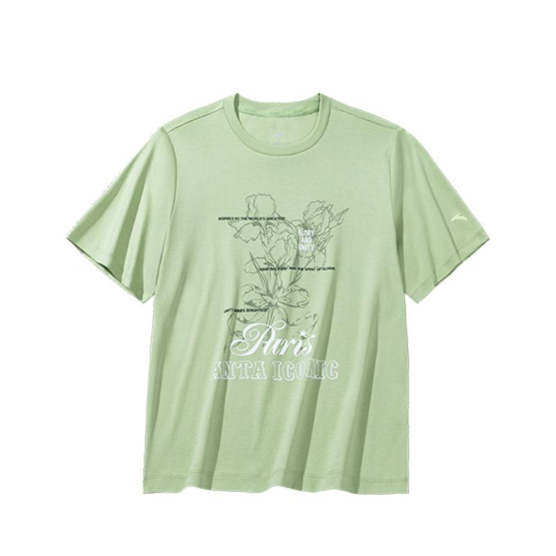 

Anta Comfortable Versatile Breathable Floral Letter Round Neck T-Shirt Women Tops Yuanli-Green 162438117-2 L