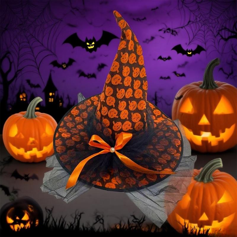 Eye Catching Witch Hat With Mesh Panel Halloween Party Wear Practical Fabric Cosplay Props Costume Accessory