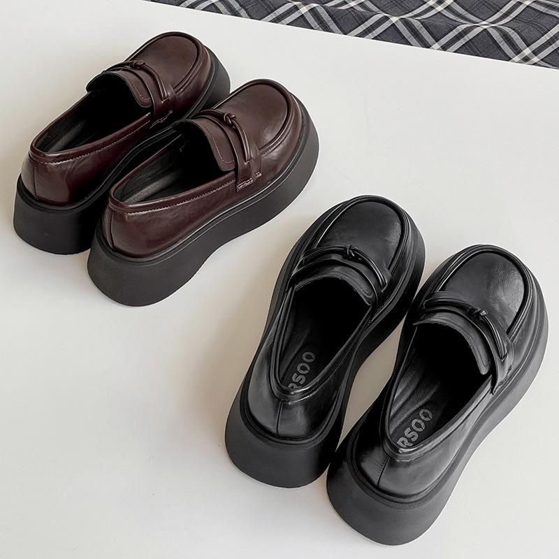 Retro British style black heightened platform small leather shoes women's 2025 new versatile skirt one-pedal loafers