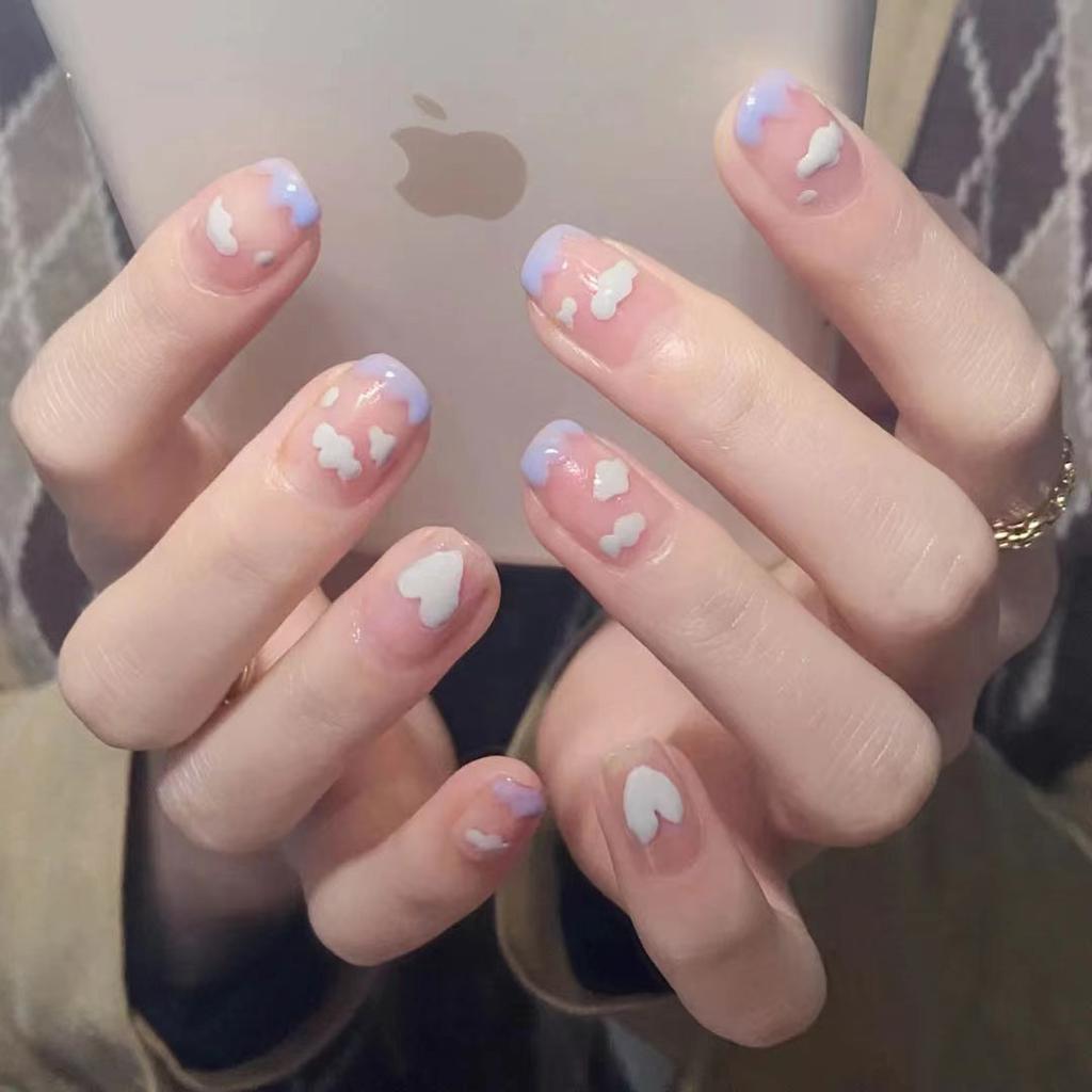 24Pcs Short Square Fake Nails Cloud Star Pattern Full Cover Press On Nail Tips Manicure Art