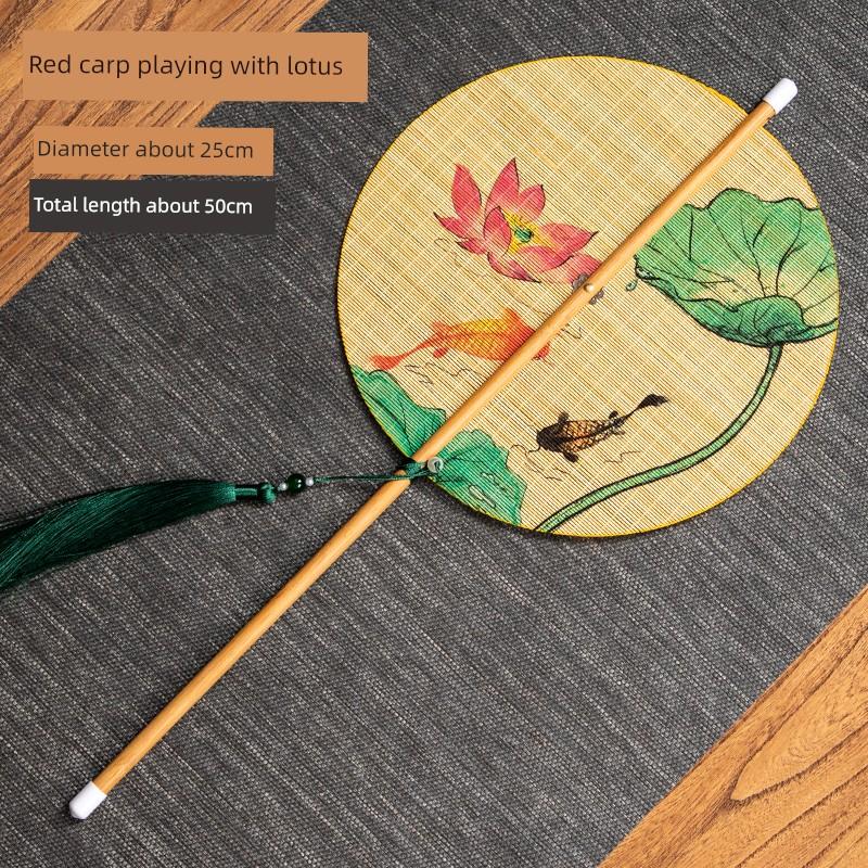Retro Bamboo Waist Fan, Chinese Style Hanfu Round Fan, Rollable Round Fan, Hand-Printed Bamboo Silk, Convenient Waist-Hanging Fan