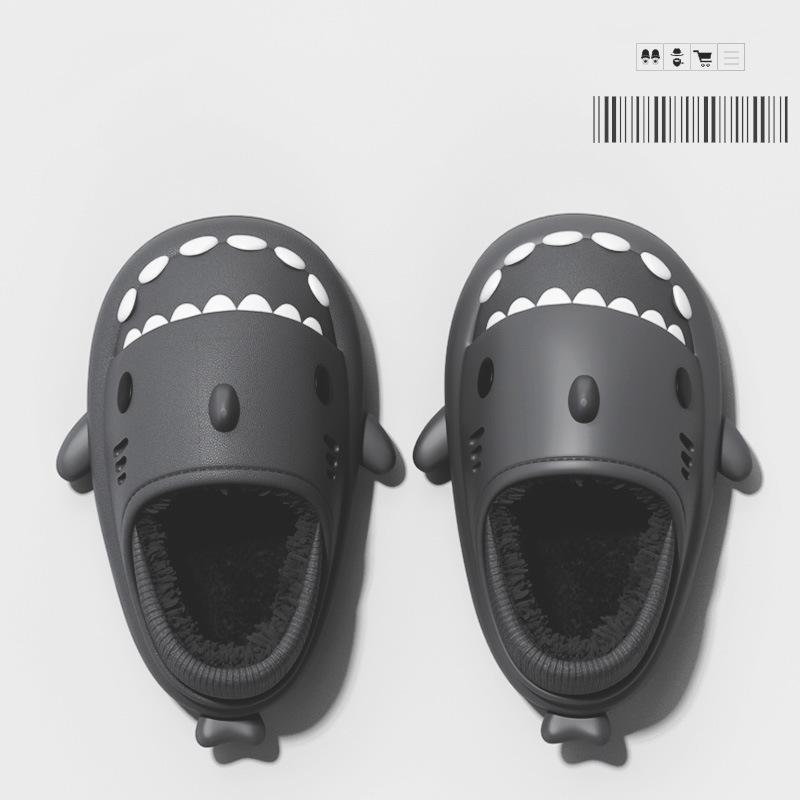 Fashion Smile Pop Men Winter Shark Slippers Plush Warm Cartoon Men's Cotton Slippers Outdoor Antiskid Waterproof Fur Fluffy Men Shoes