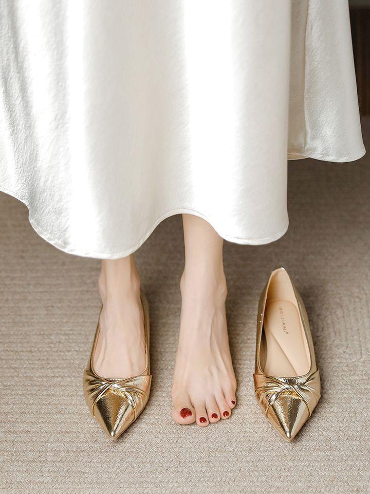 Gold heightening pointed flat-bottomed high-heeled single shoes, women's shallow mouth is versatile, and the foreign style is versatile. The skirt