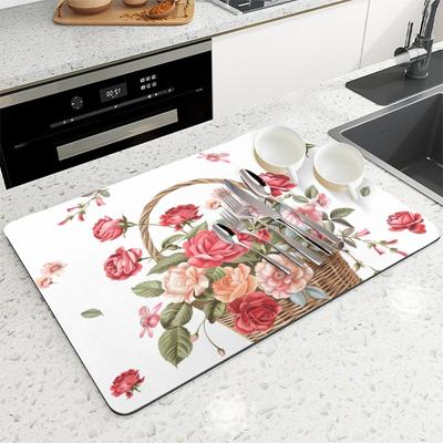 1 tappetino di asciugatura in gomma con stampa floreale retrò per bar, ristorante, cucina, stoviglie, resistente, in fango diatomeico, per animali domestici, articoli per il caffè