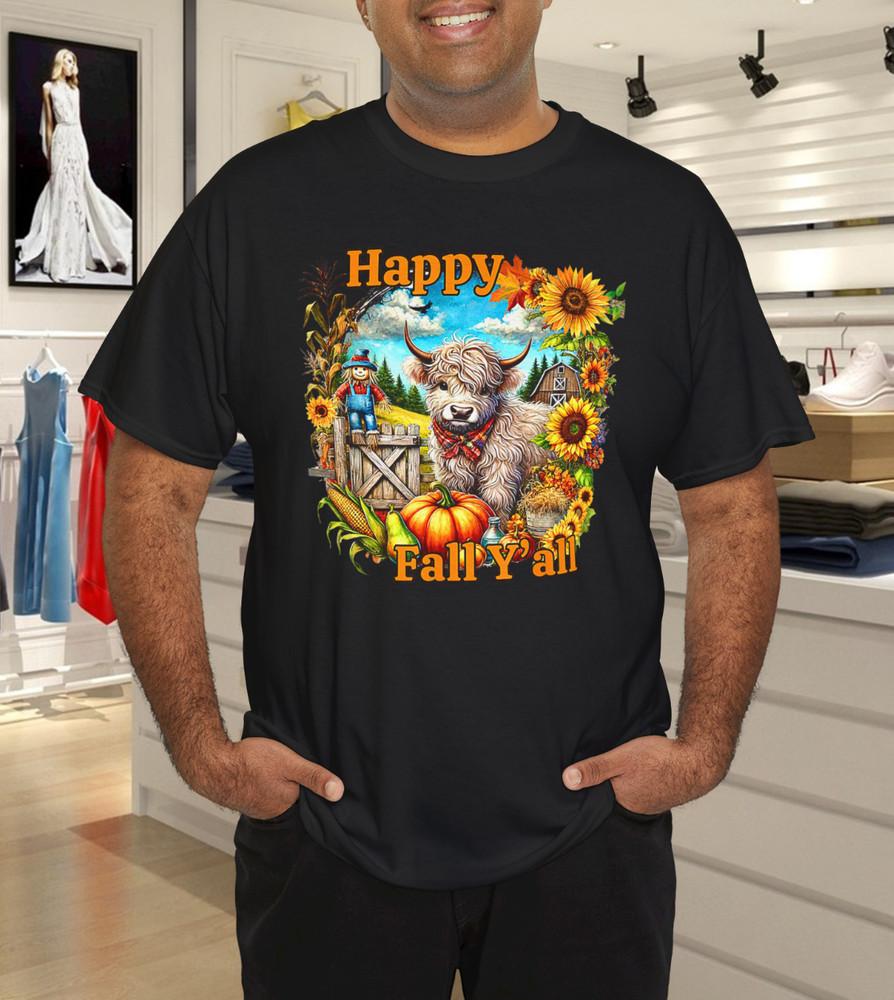 

Highlander Cow in Fall Scene with pumpkins and Sunflowers T-Shirt M