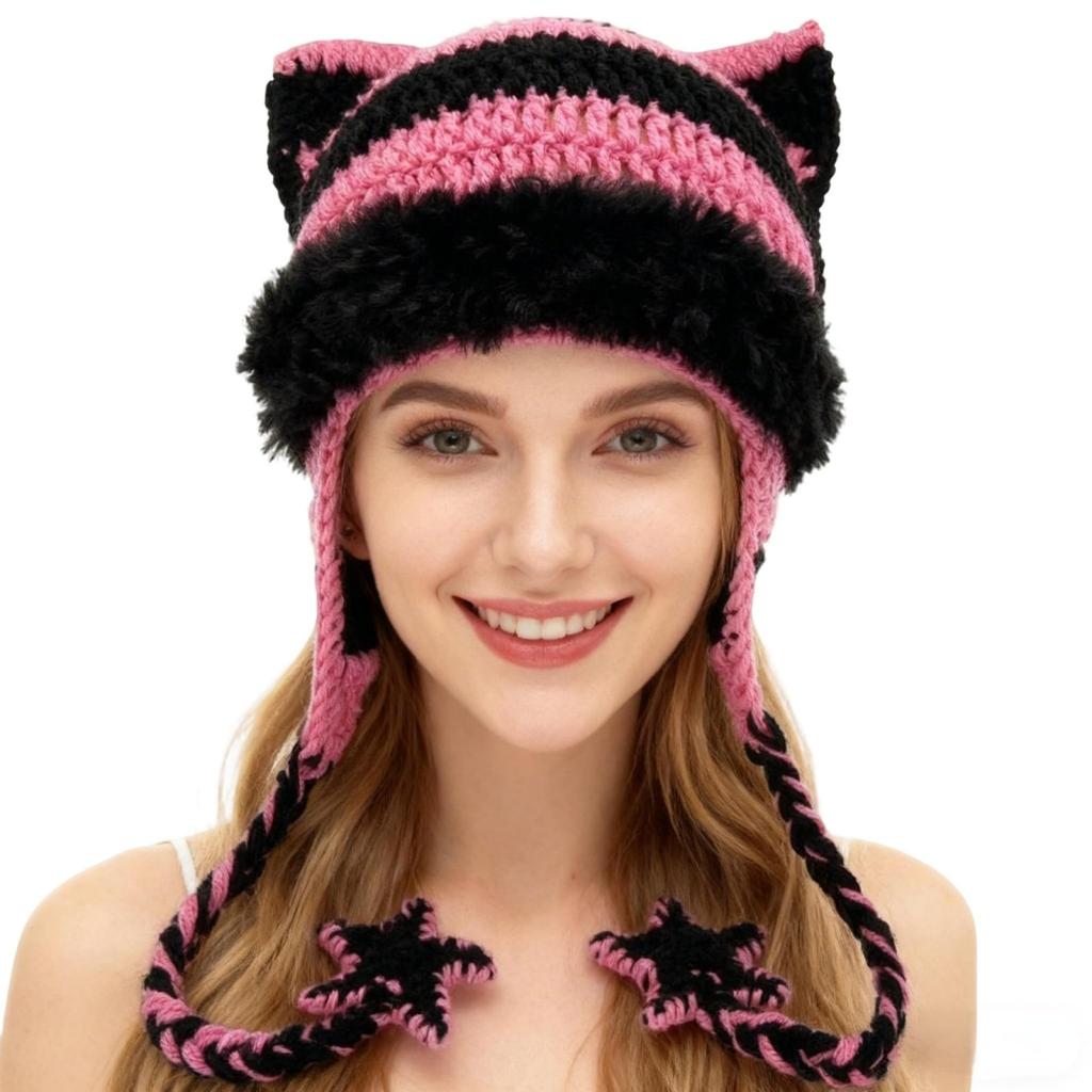 Women's Hand-Knitted Star Striped -Ear Braid Hat With Ear Protectioned, Fashionable And Versatile Cap