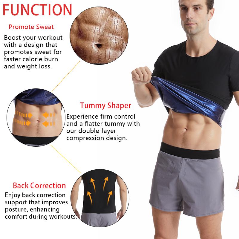 Men Sauna Sweat Vest Heat Trapping Compression Waist Trainer Shirt Gym Sauna Suit Workout Slimming Body Shaper Tummy Control Top