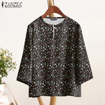 Damen Casual 3/4-Ärmel Lockerer O-Ausschnitt Bluse mit Blumendruck
