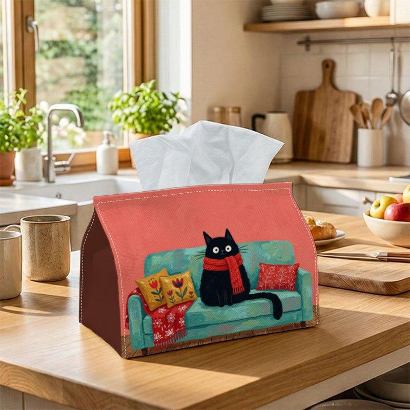 1pc Minimalist Modern Tissue Box Multifunctional, Black Cat Red Background Suitable for Home, Parties, And Car Decoration. This Decorative Tissue Pape