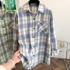 Spring Literary Loose Brushed Plaid Lapel Long Sleeved Shirt Women's Shirt Top