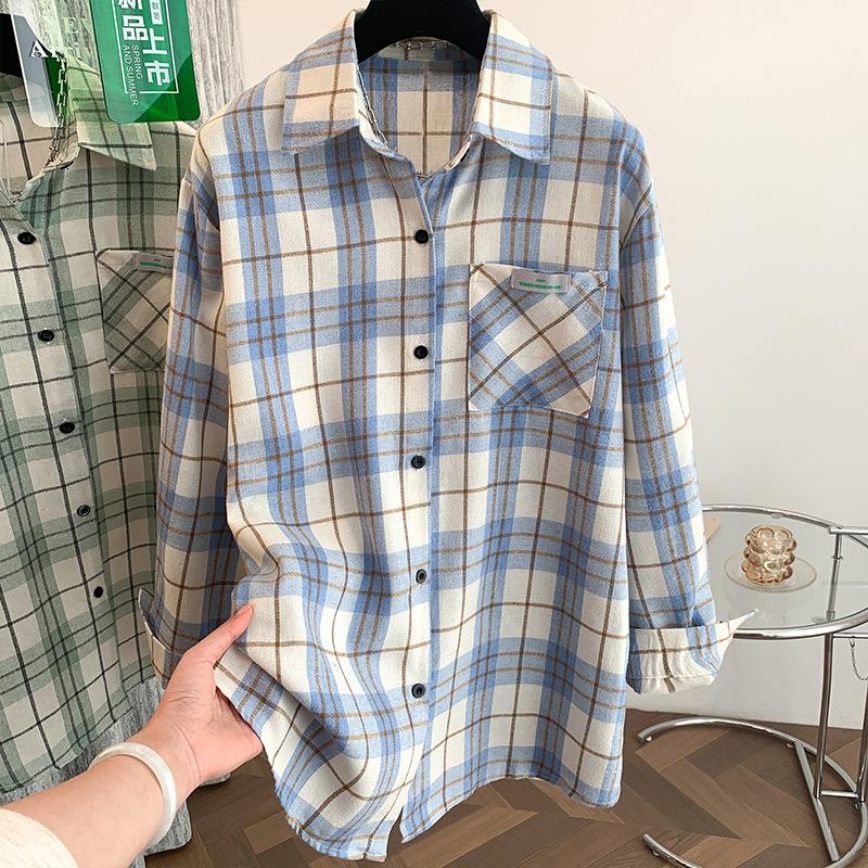 Spring Literary Loose Brushed Plaid Lapel Long Sleeved Shirt Women's Shirt Top