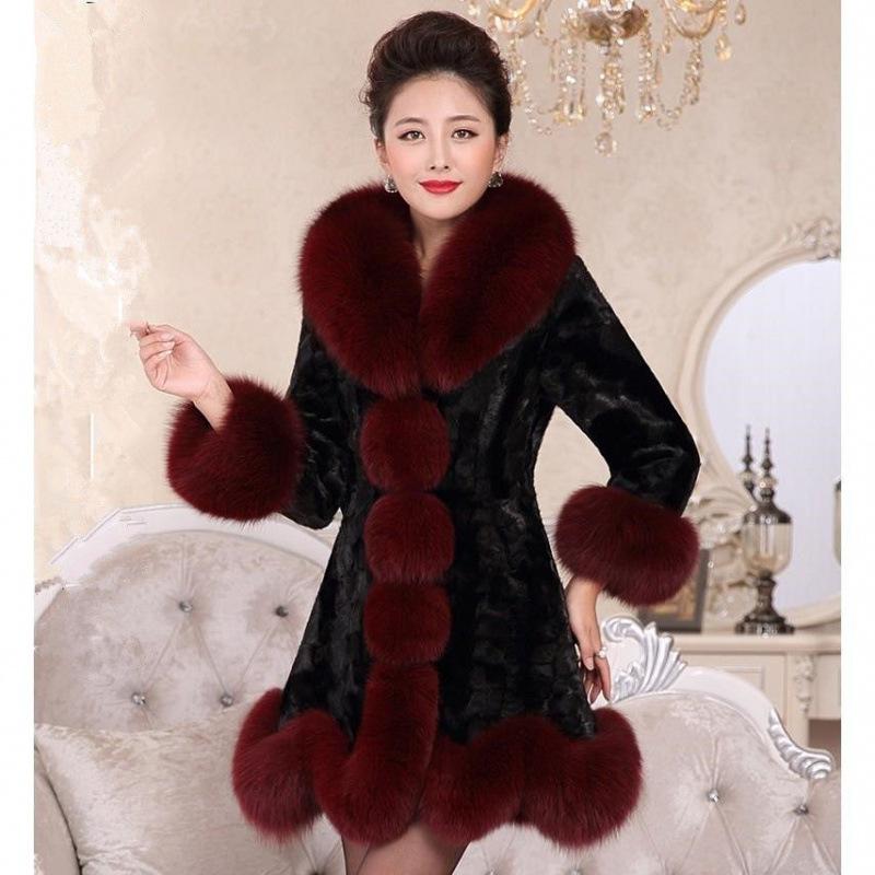New imitation mink coat, leather coat, long imitation fox fur collar for women, thickened in winter