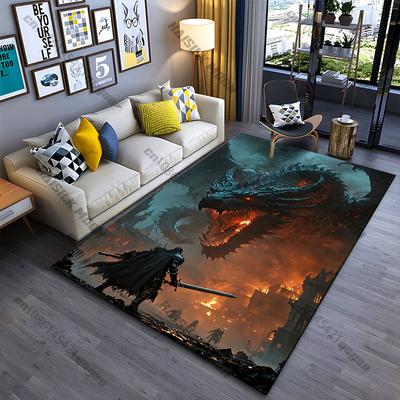 Knight Facing Giant Fiery Dragon Carpet Yoga Living Room Room Decor Children's Crawling Mat Doormat Area Rug Games Mat