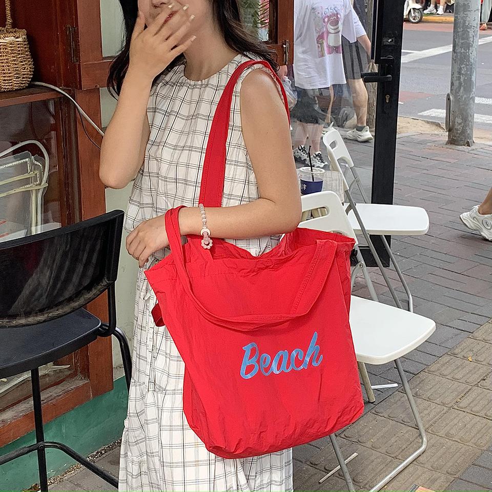 Women's String Tote Bag Canvas Totes Letters Portable Shoulder Bag Casual Beach Bag Large Capacity Shopping Handbag