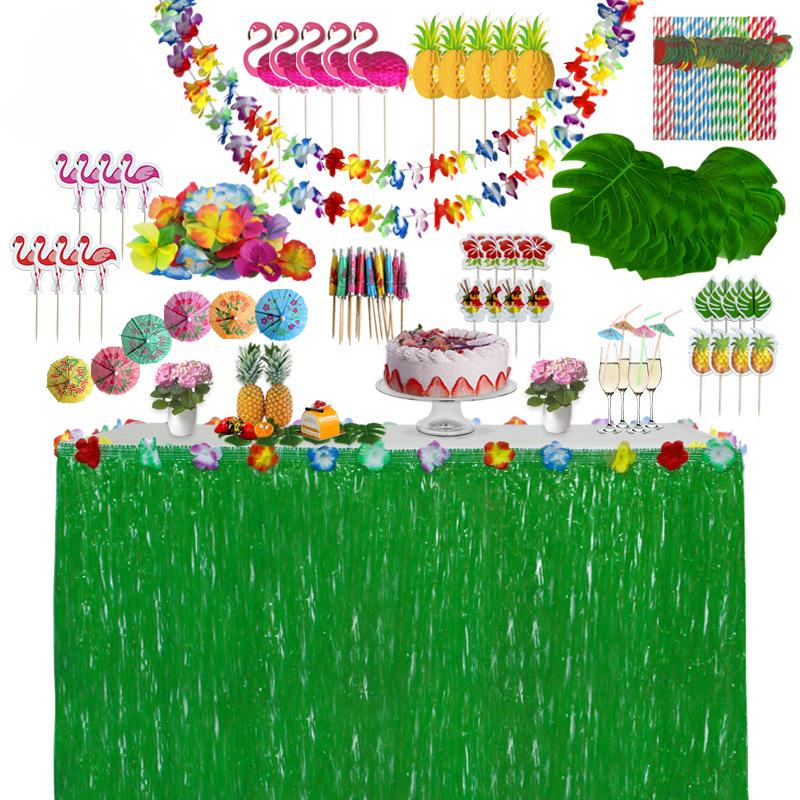 156PCS Table Skirt Package Hawaii Tassel Table Surround Simulation Turtle Back Leaf Festival Party Atmosphere Table Decoration