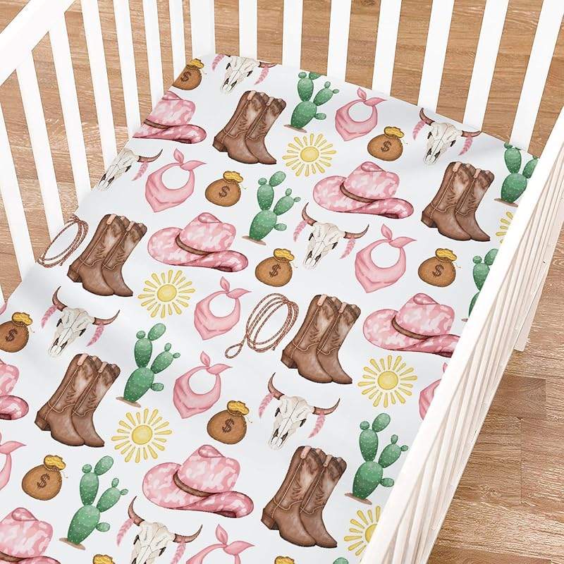 Pink Western Cowgirl Cowboy Fitted Baby Crib Sheet for Boy Girl 52"x28" Desert Cowboy Hat Boot Sun Cactus Soft Breathable Baby Crib Mattress Bed