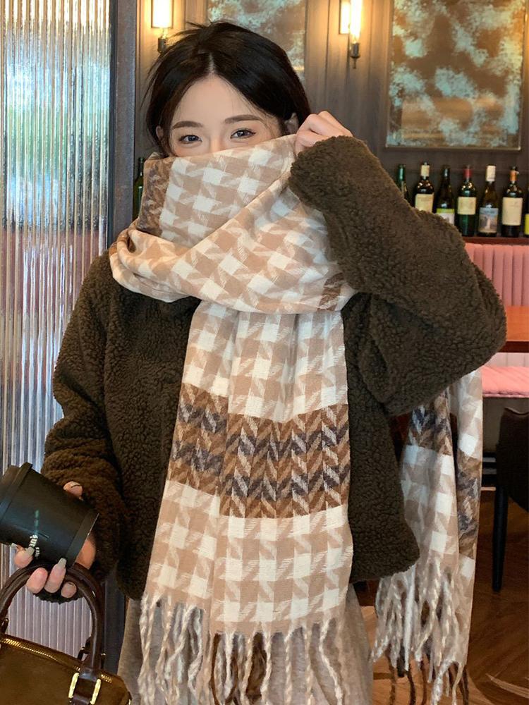 Knitted Retro Scarf Headscarf Winter Women Men Houndstooth Tassel Warm Scarve Pashmina Mujer Femme Male Thick Wrap Shawl Unisex