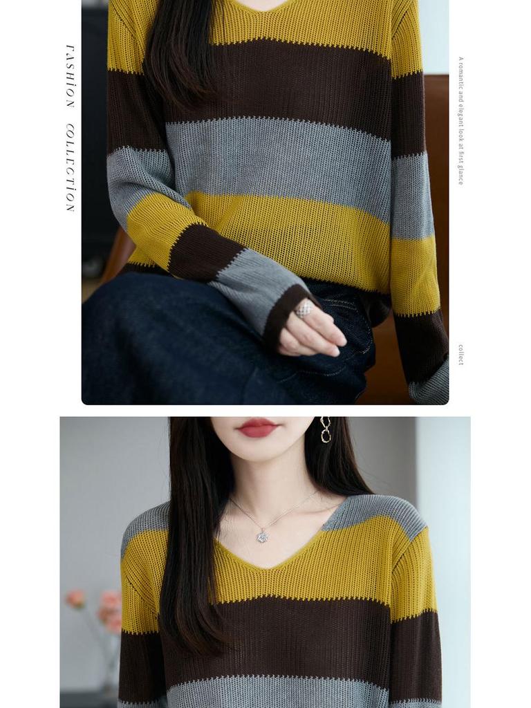 Women's Autumn V-Neck Color Block Striped Sweater - Soft, Loose, and Versatile