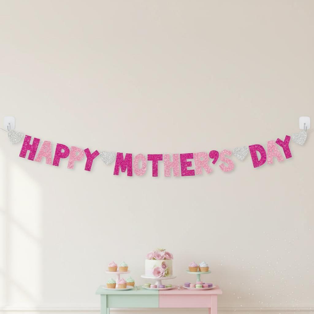 Joyful Mother's Day Banner Easy to Hang Mother's Day Glitter Banner Holiday Decoration Premium Cardstock Party Supply