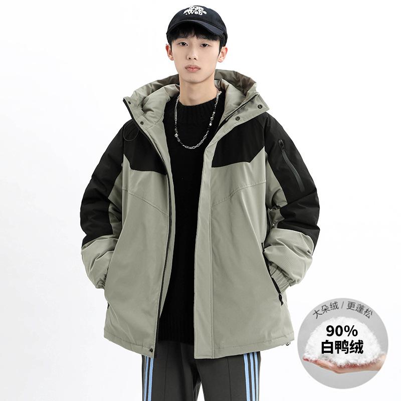

Winter new men s Korean version of contrasting hooded white duck down thickened cold-resistant couple stylish down jacket 4XL