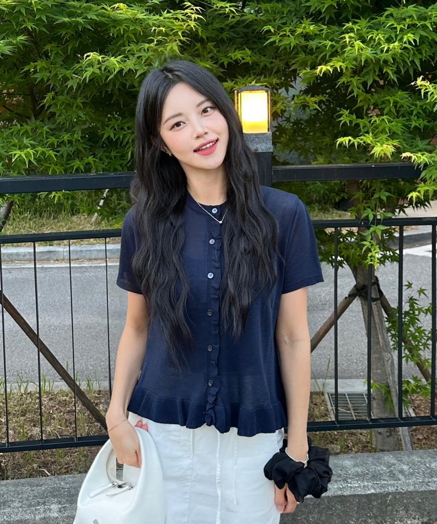 Awesome Studio Frill Detail Short Sleeve Knit Cardigan Navy