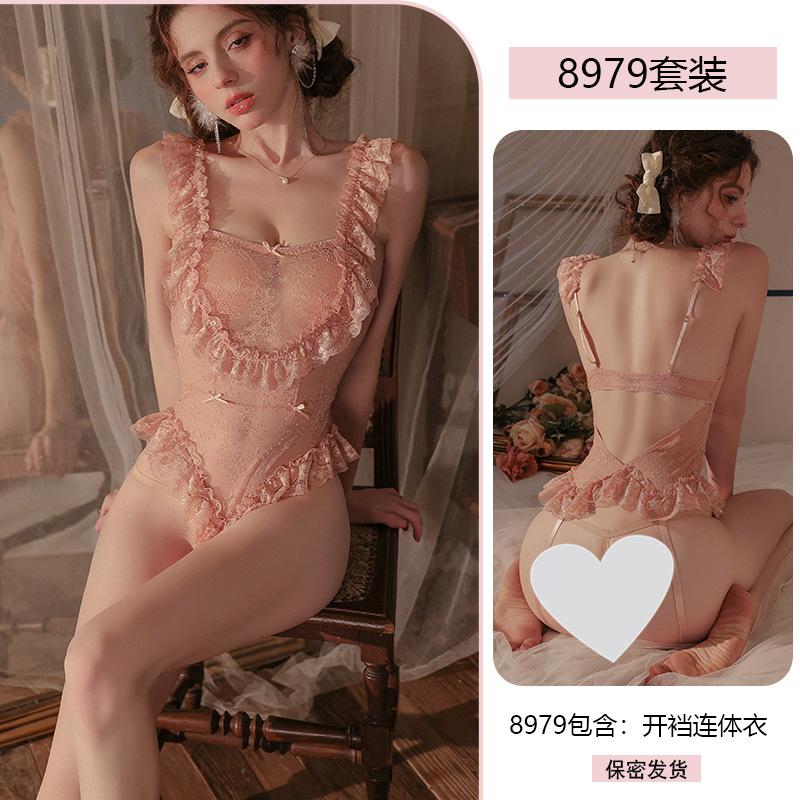 Sexy Sexy Lace Seduction Onesie Female Pure Desire Perspective Open Crotch Pajamas Uniform Suit