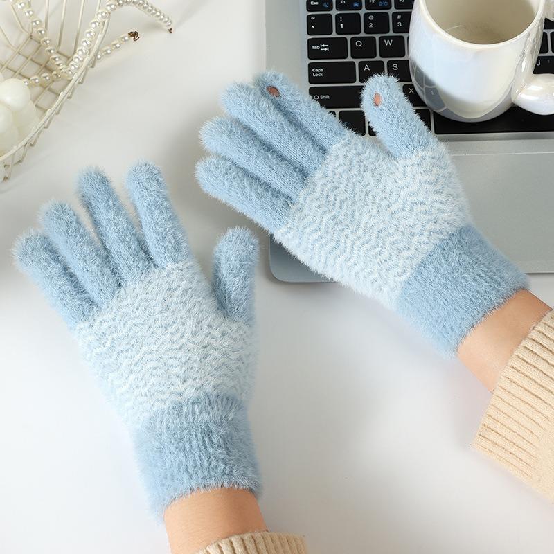 Jacquard Knitted Gloves for Women, Cute In Winter, Thickened and Warm Five-finger Wool, Outdoor Riding In Autumn and Winter, Cold-proof
