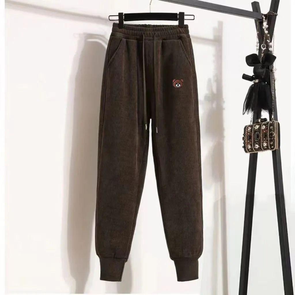 Women's Plus Velvet High-waisted Harem Pants, Loose and Thin In Autumn and Winter, Elastic Waist and Feet, Bear Embroidered Sweatpants