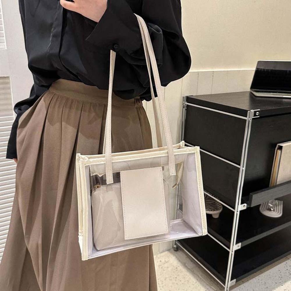 2pcs/set Elegant Transparent Jelly Bag PU Leather Handbag Clutch Bag Clear PVC Shoulder Bag Travel