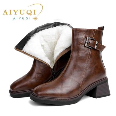 Stivaletti alla Caviglia da Donna Punta Quadrata Vera Pelle Vintage Stivaletti alla Caviglia da Donna Stile Britannico Stivaletti con Tacco Alto Donna