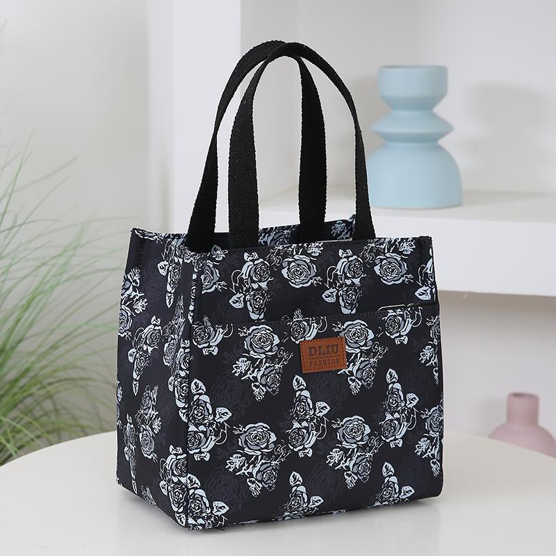 Elegante e prático: Bolsa Térmica Portátil para Almoço com Estampa Floral e Tecido de Nylon Espesso para Trabalho e Ar Livre