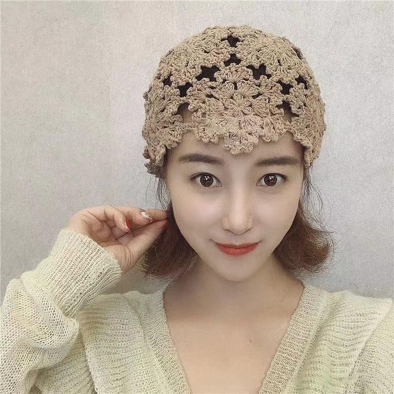 Fashion Flower Embroidery Hollow Crochet Knitted Hat French Retro Beanie Accessories