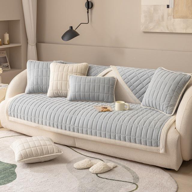 Karierter, gesteppter, einfarbiger Sofabezug aus Samt für Wohnzimmer, L-förmiges Sofa, Winter-Couchbezug für 2-, 3- und 4-Sitzer, rutschfestes Armlehnentuch